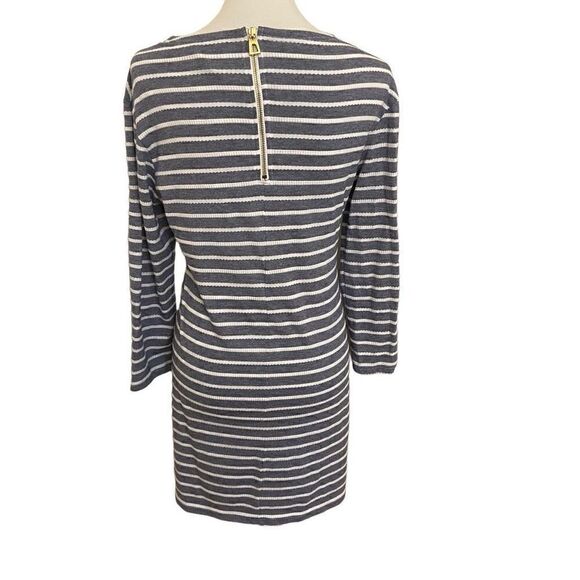 Sail to Sable Navy Blue & White Striped Shift Dress Nautical 3/4 Sleeves Medium - Picture 2 of 6